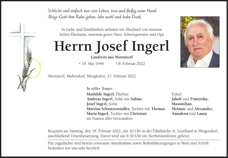 Traueranzeige Josef Ingerl
