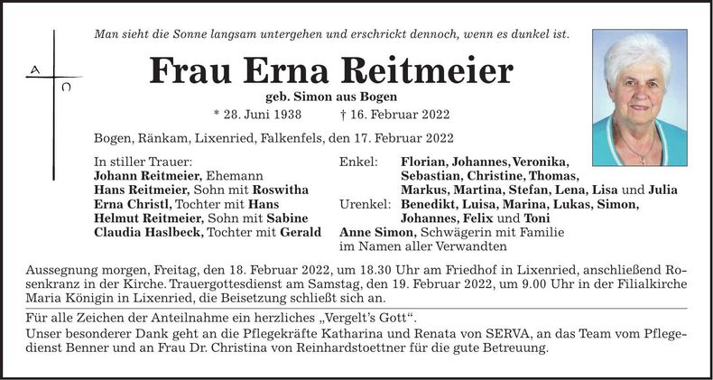 Traueranzeige Erna Reitmeier