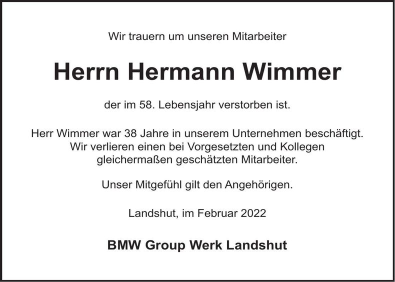 Traueranzeige Hermann Wimmer