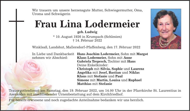 Traueranzeige Lina Lodermeier