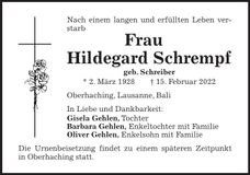 Traueranzeige Hildegard Schrempf