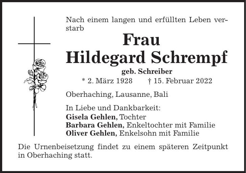 Traueranzeige Hildegard Schrempf
