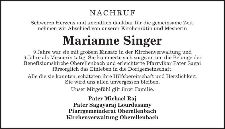 Traueranzeige Marianne Singer