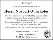 Traueranzeige Norbert Günzkofer
