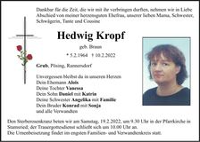 Traueranzeige Hedwig Kropf