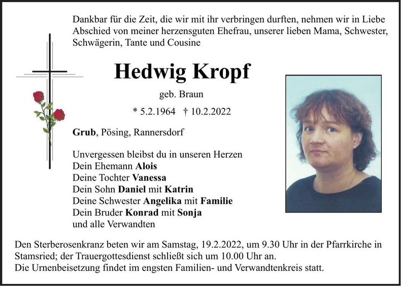 Traueranzeige Hedwig Kropf