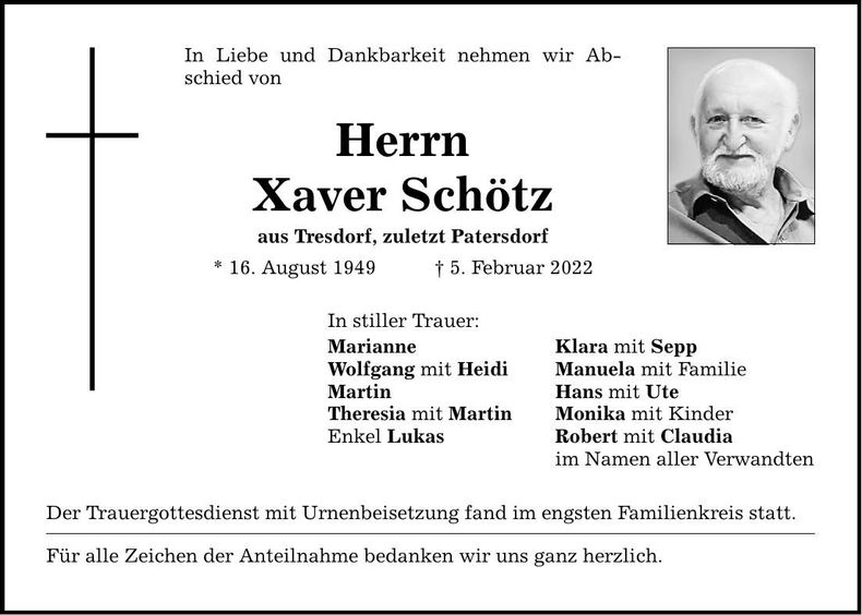 Traueranzeige Xaver Schötz
