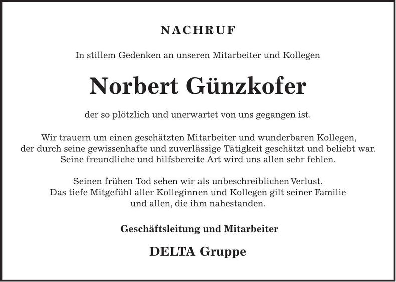 Traueranzeige Norbert Günzkofer