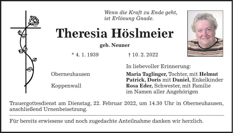 Traueranzeige Theresia Höslmeier