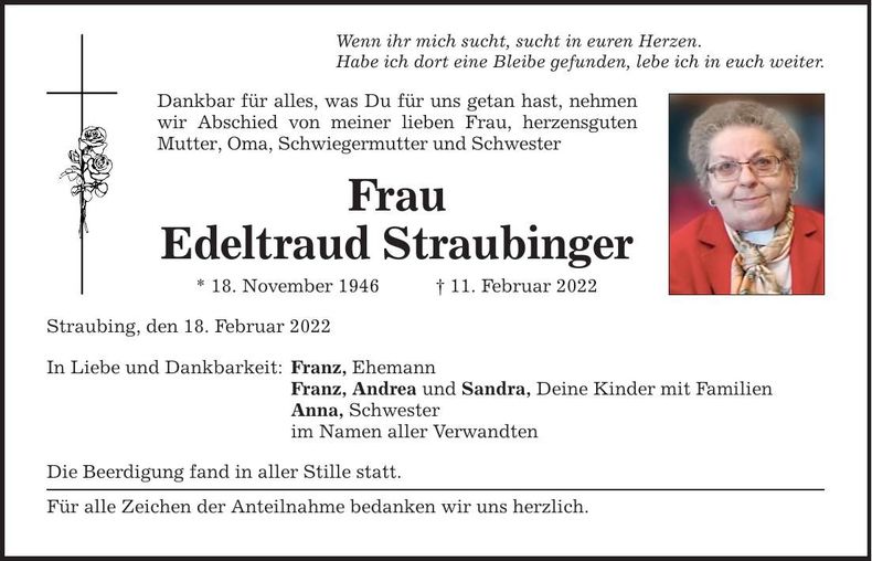 Traueranzeige Edeltraud Straubinger