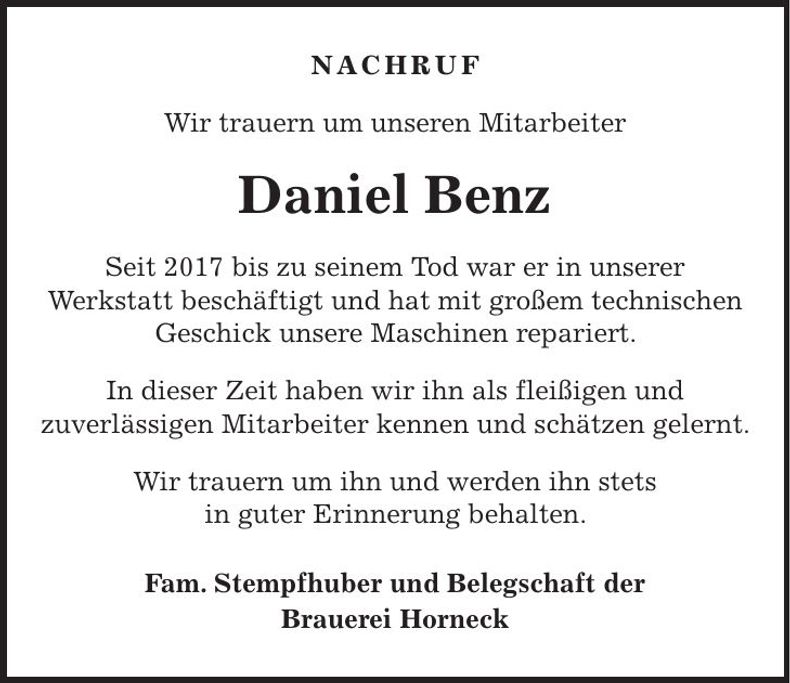 Traueranzeige Daniel Benz