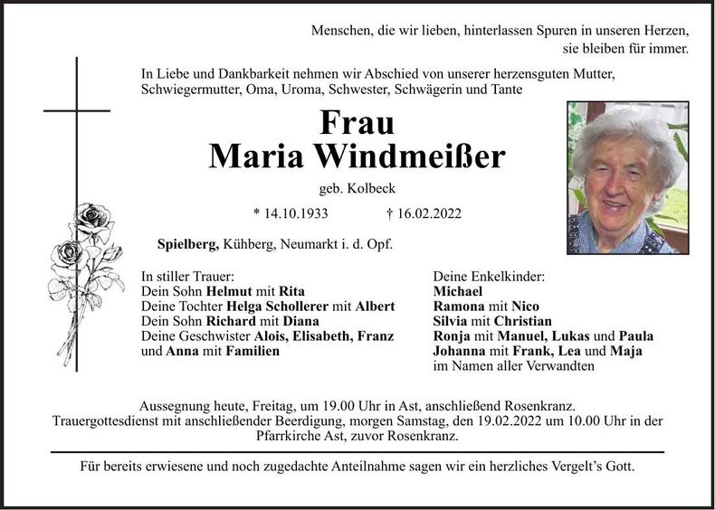 Traueranzeige Maria Windmeißer