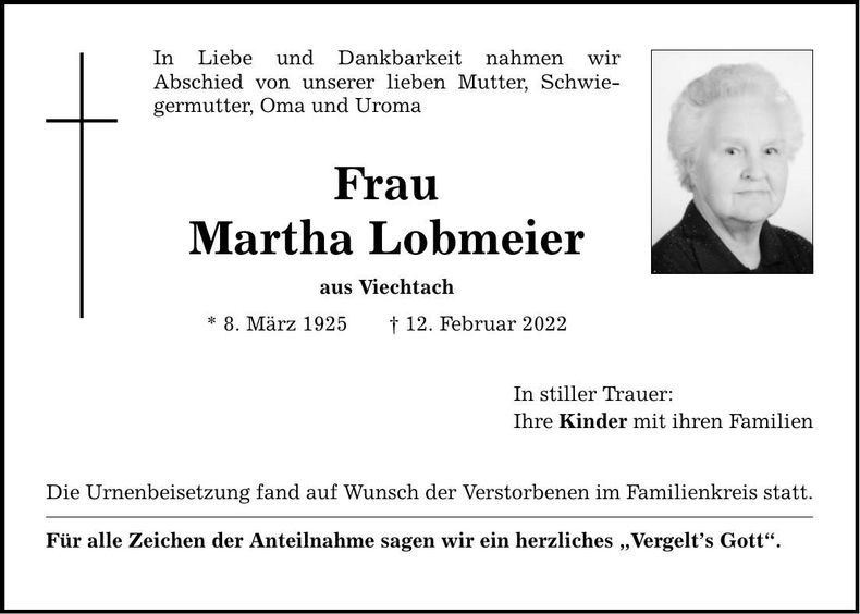 Traueranzeige Martha Lobmeier