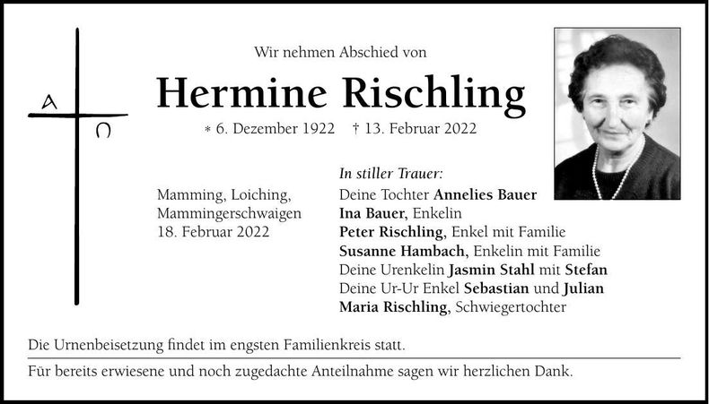 Traueranzeige Hermine Rischling