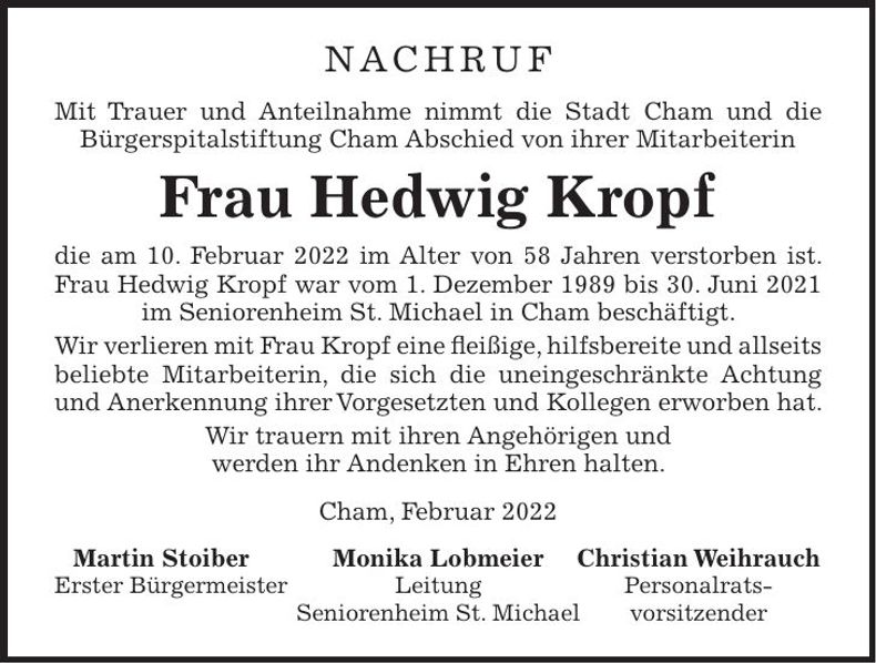 Traueranzeige Hedwig Kropf
