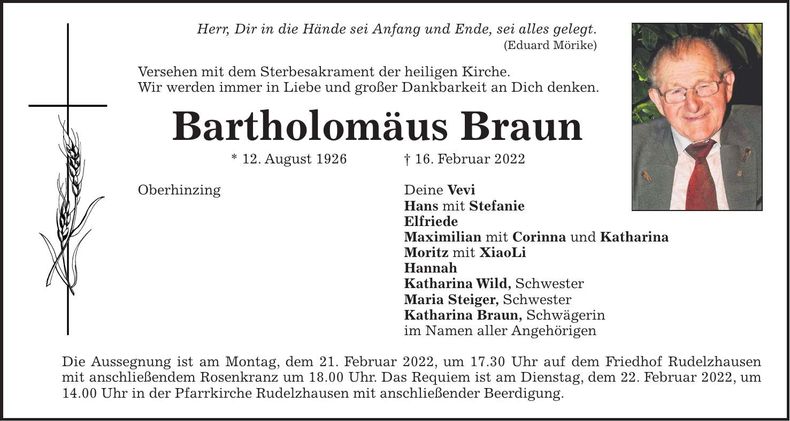 Traueranzeige Braun Bartholomäus