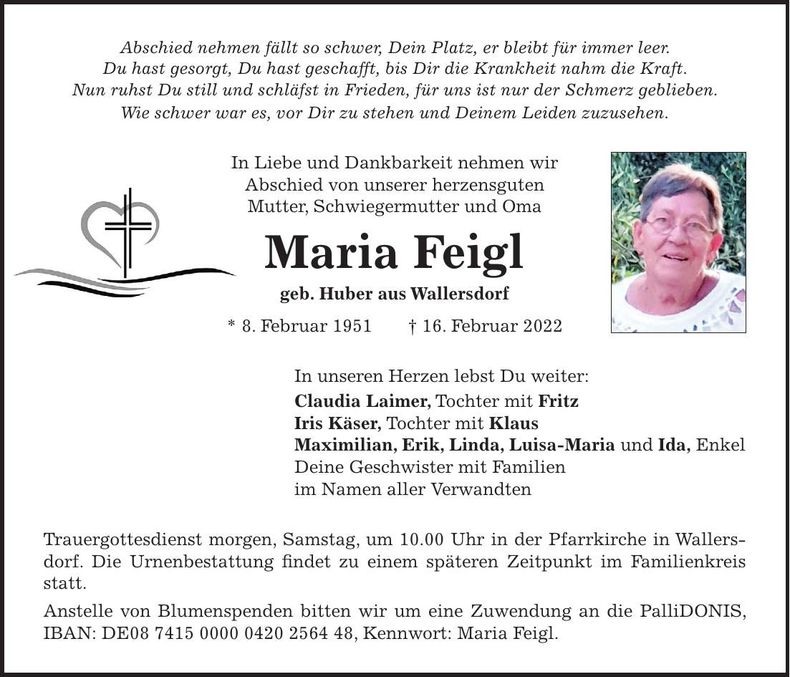 Traueranzeige Maria Feigl