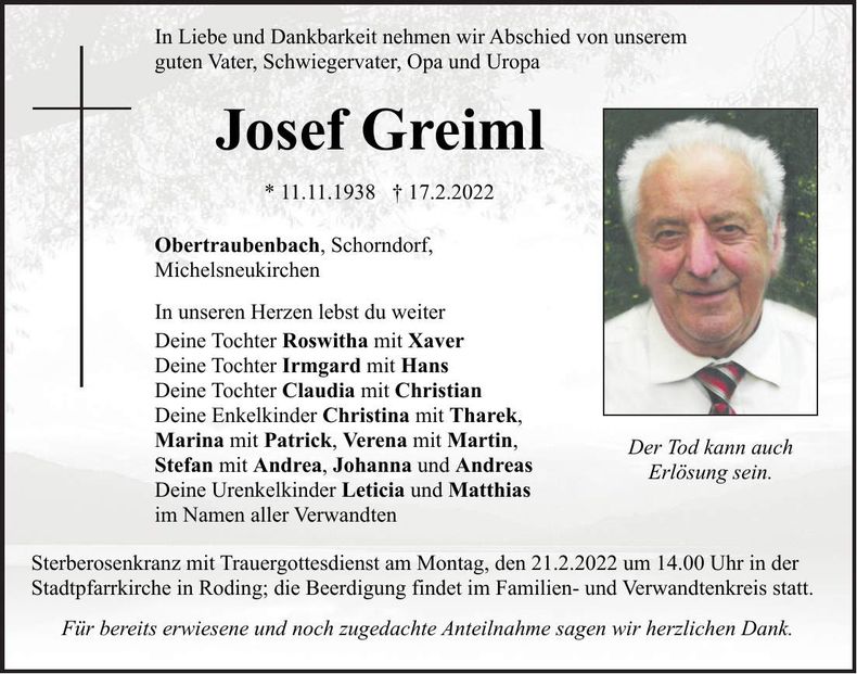Traueranzeige Josef Greiml
