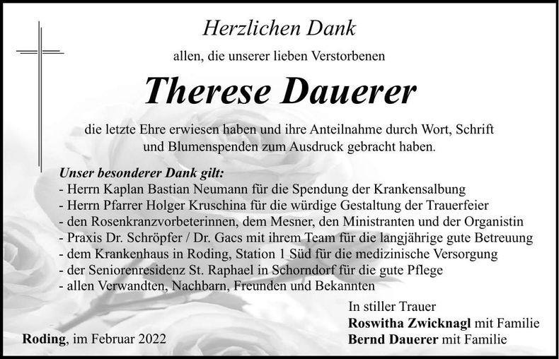 Traueranzeige Therese Dauerer