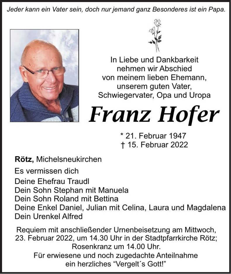 Traueranzeige Franz Hofer