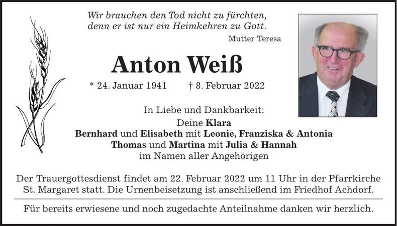 Traueranzeige Anton Weiß