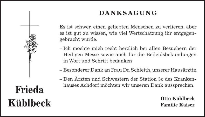 Traueranzeige Frieda Küblbeck