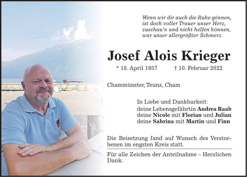 Traueranzeige Josef Alois Krieger