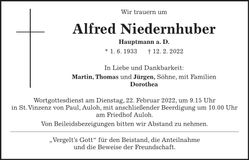 Traueranzeige Alfred Niedernhuber