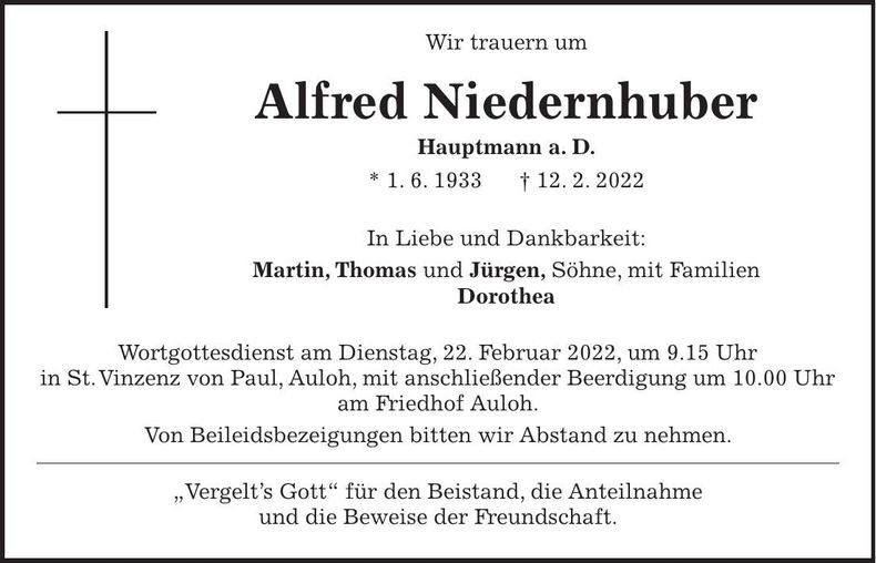 Traueranzeige Alfred Niedernhuber