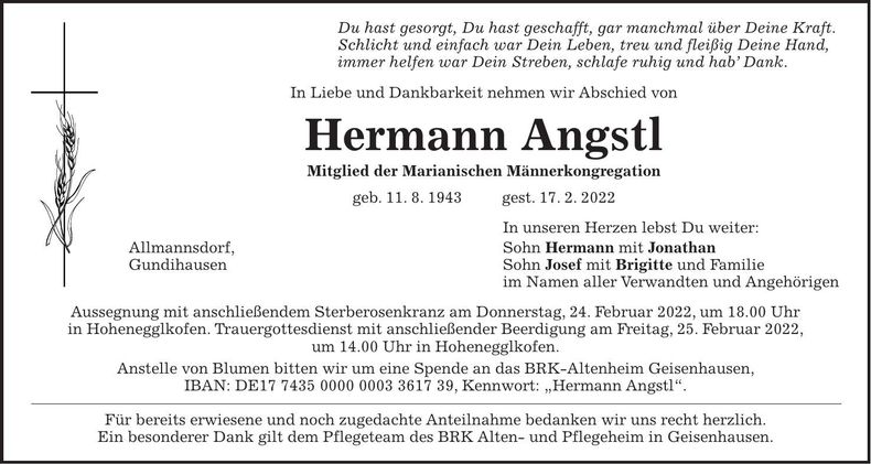 Traueranzeige Hermann Angstl