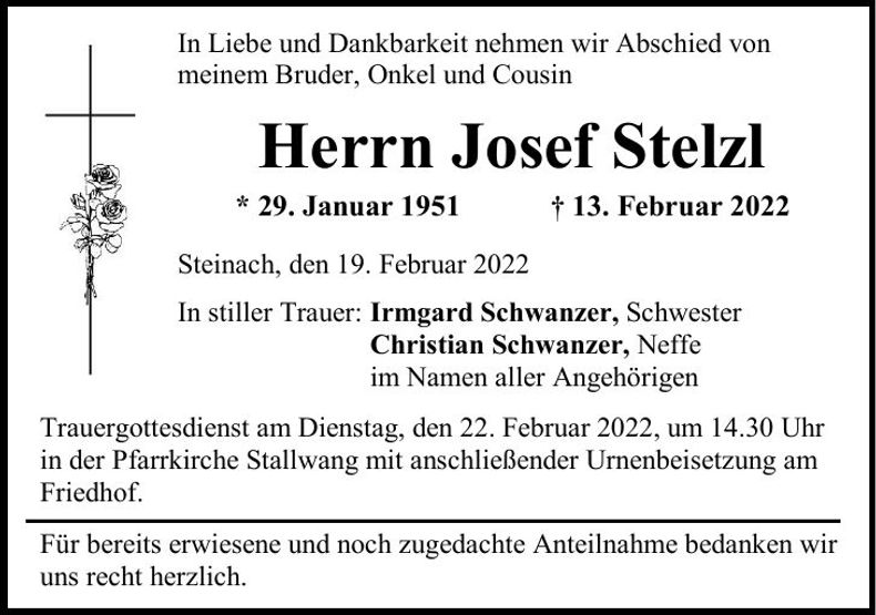 Traueranzeige Josef Stelzl