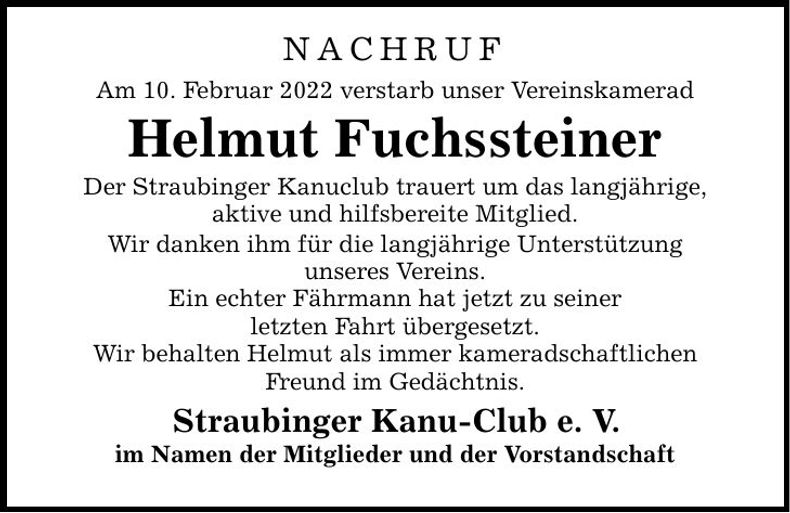 Traueranzeige Helmut Fuchssteiner