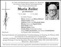 Traueranzeige Maria Zeiler