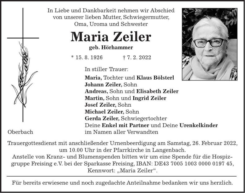 Traueranzeige Maria Zeiler
