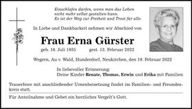 Traueranzeige Erna Gürster
