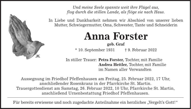 Traueranzeige Anna Forster