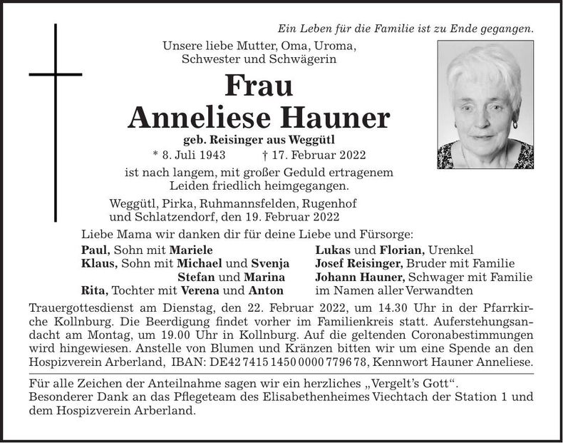 Traueranzeige Anneliese Hauner