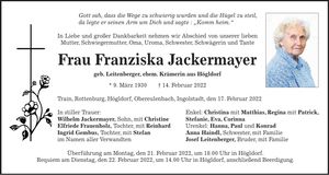 Traueranzeige Franziska Jackermayer