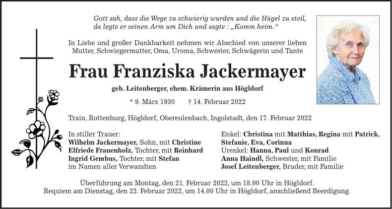 Traueranzeige Franziska Jackermayer