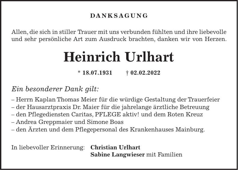 Traueranzeige Heinrich Urlhart