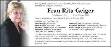 Traueranzeige Rita Geiger