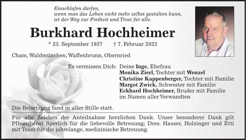 Traueranzeige Burkhard Hochheimer