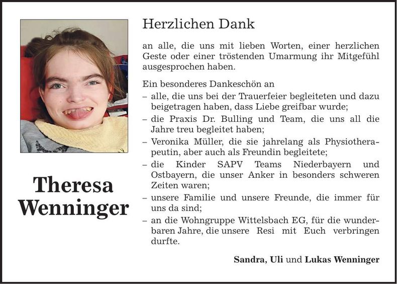 Traueranzeige Theresa Wenninger