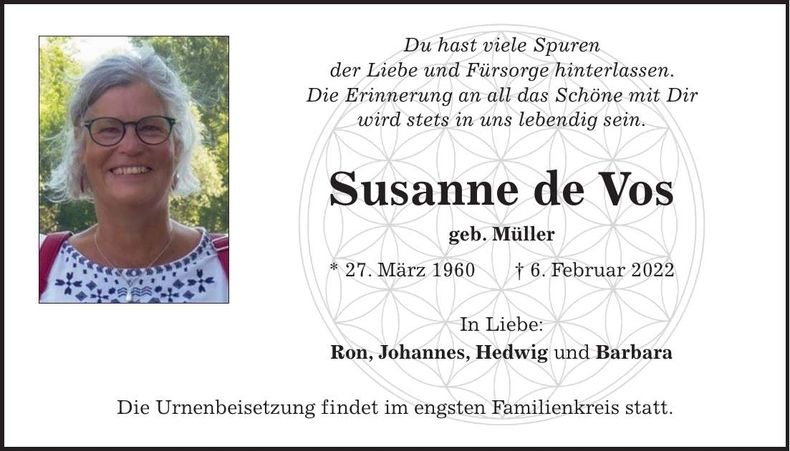 Traueranzeige Susanne de Vos