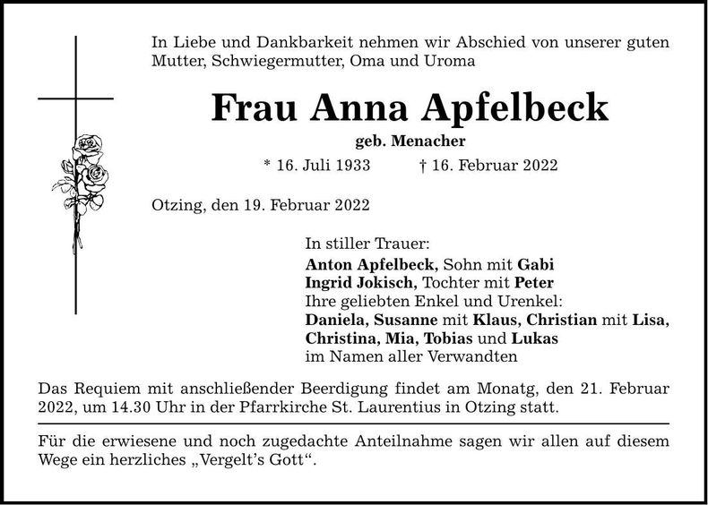 Traueranzeige Anna Apfelbeck