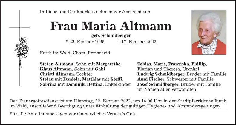 Traueranzeige Maria Altmann