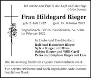 Traueranzeige Hildegard Rieger