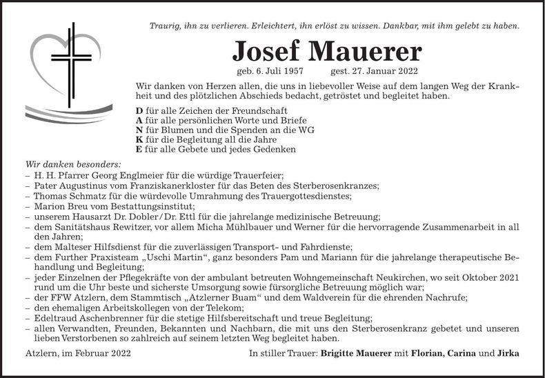 Traueranzeige Josef Mauerer