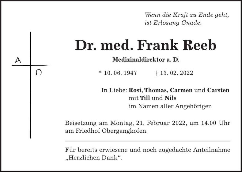 Traueranzeige Frank Reeb