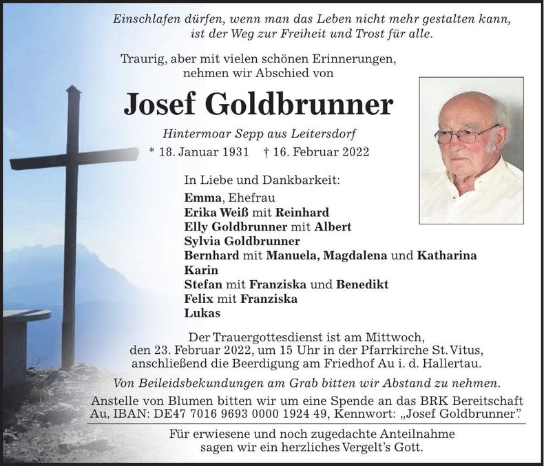 Traueranzeige Josef Goldbrunner